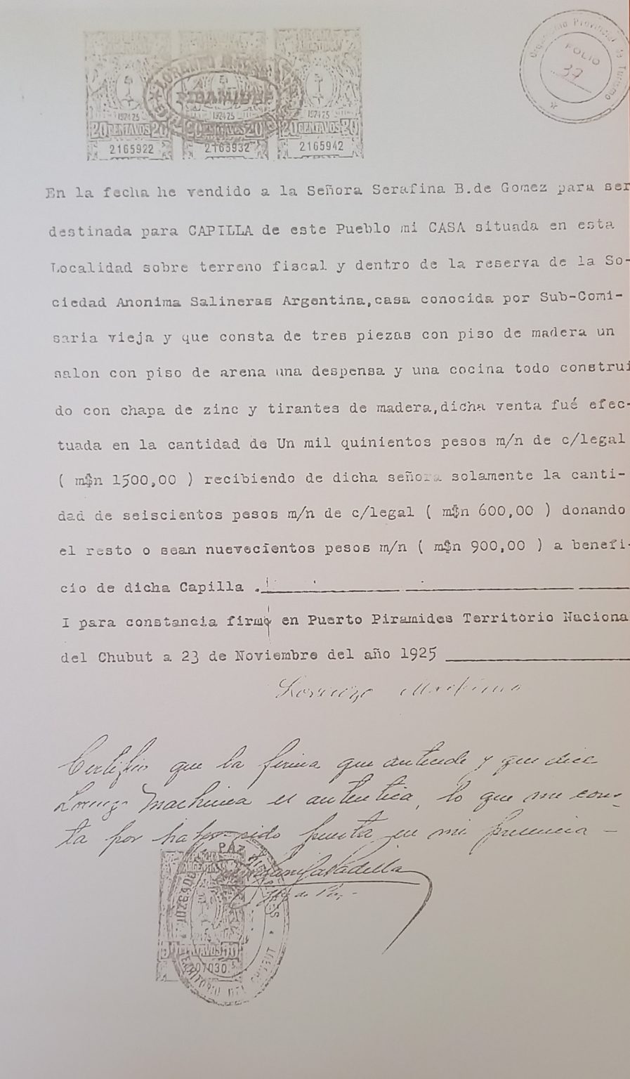 Acta de traspaso de Capilla, de Machinea a Gomez. Documento de Vilma Meisen
